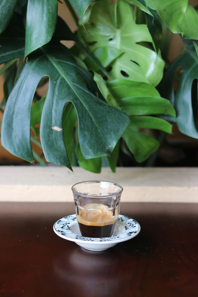 Ly thuỷ tinh đựng espresso nóng đặt trên bàn gỗ trước tán lá monstera xanh tại Cam On Cafe.