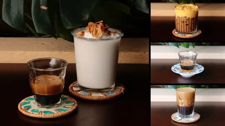 Bốn loại cà phê Việt khác nhau đựng trong ly thuỷ tinh trong tại Cam On Cafe, Huế.