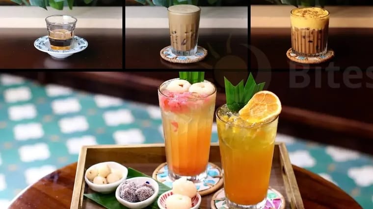 Bộ ảnh ghép các loại cà phê đá và trà trái cây Việt Nam kèm đồ ăn nhẹ tại Cam On Cafe.