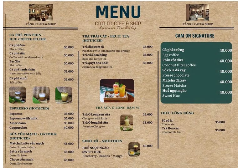 Bảng menu in của Cam On Cafe liệt kê các loại cà phê và giá.